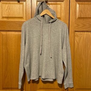 Eileen Fisher gray ribbed thermal hooded pop over top size large organic cotton